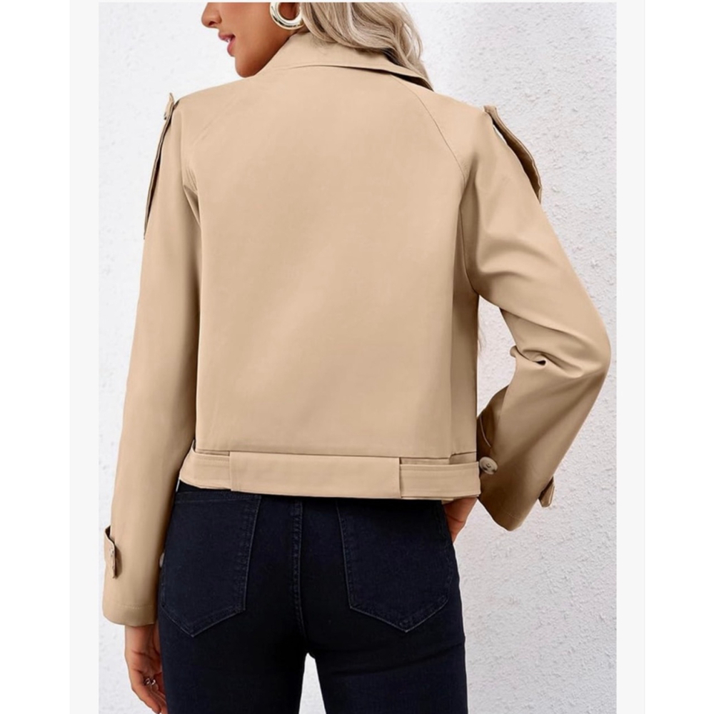 Beige Double-Breasted Cropped Trench Coat - Women - Picture 2 of 6